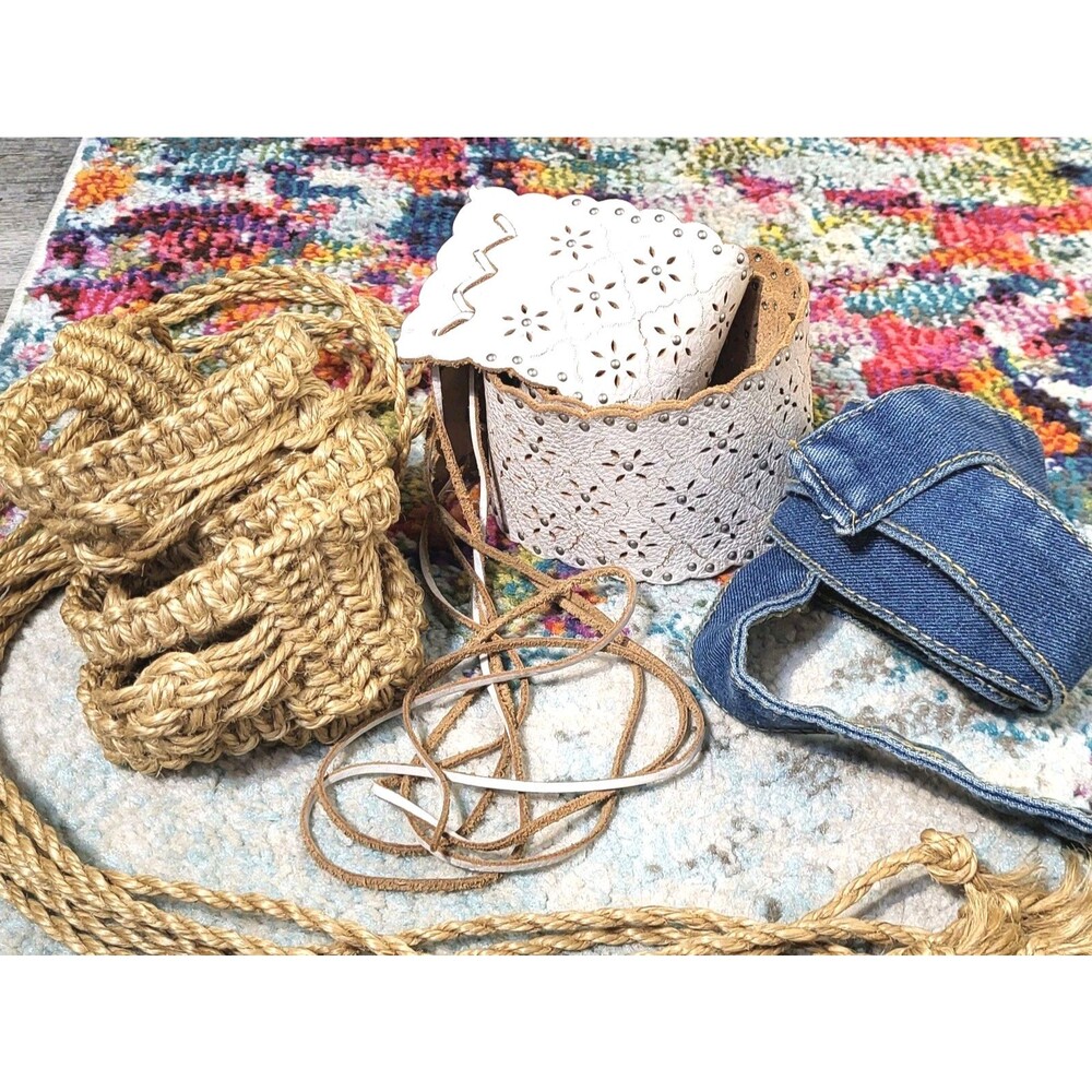 Trio of Boho Tie Back Belts White Cutout Studded Leather, Macrame and Denim